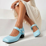 Plus Size 52 SkyBlue Mary Jane Heels Shoes Women Bow Pearl Decor Ankle Strap Square Toe 5cm Chunky Block Mid Heel Sweet Pumps