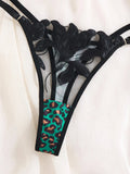 3/4 cup gathered netted lace lingerie set - green leopard print black floral embroidered bra and panties set ZA825183