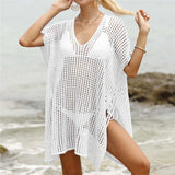 Short Sleeve V Neck Hollow Out Crochet Knitted Tunic Beach Dress Beach Wear Beachwear Beach Cover Up Cover-upsFemale Women V8061