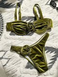 Sexy Velvet Bikini Sets Women Green 3D Flower Push Up Underwire Micro Swimsuit 2025 Summer Bathing Suit Thong Swimwear Biquini