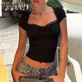 FDYOUI Women's Fashion Lace Patchwork T-shirt Streetwear Ladies Sexy Short Sleeve Bandage Tops Tees Y2K Slim Corset T Shirts