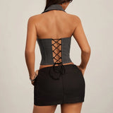 Phantasy Fashion Lace up Striped Women's tanks Sexy Shirt Backless Fishbone Camisole Lady Summer Hotsweet V neck Top Streetwear