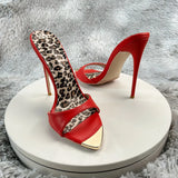 Red matte Leopard Base Slippers Pointed Toe Thin High Heels Women's Shoes Summer Casual Sexy Slip On Party One Word Belt Slipper