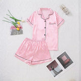 Large Size Women Pajamas Set Short-Sleeved Student Homewear Two-Piece Cardigan Lapel Senior Sense of Striped Short-Sleeved Short