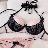 Sexy Lace Bow Maid Halter Bra Lingerie Set Women's Dark Black, White, Pink Detachable Push Up Underwear Thong Gifts Of The Night