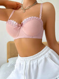 High Quality Pink Heavy Duty Lace Design Underwear Bow Daily Push Up Bra Sexy Lingerie Women With Steel Ring  J1903