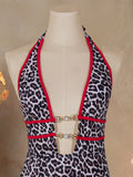 Sexy Red Leopard Print Contrast One Piece Swimsuit 2026 Women Pearls Hollow Out Deep V Neck Backless Slim Bathing Suit Swimwear