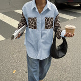 2026 New Women's Loose Casual Leopard Stripe Patchwork Long Sleeve Shirt with Pockets Turn Down Collar Blouse Top