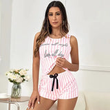 Pajamas for Women Summer Stripe Print Sleepwear Faux Cotton O-neck Pyjama Tank Top Shorts 2-piece Soft Sleeveless Home Nightwear