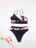Women's Color Block Print Bikini Set Swimsuit with Adjustable Shoulder Straps Fashionable High Waist Swimwear for Summer Beach