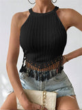 Women's Summer Vest Tassel Hem Sleeveless Cold Shoulder Fashionable Slim Tank Tops casual Y2K Chic Tops