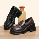 Brown Pu Leather Platform Loafers for Women British Style Round Toe Thick Heel Pumps Woman Slip On High Heels Office Shoes Lady