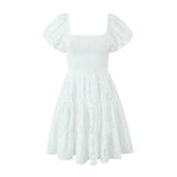 Puff Sleeve Cotton White Lace Dress Women Summer 2025 Square Collar Vintage Beach Short Dress Petite Flower Embriodery  Dress