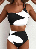 Sexy One Shoulder Swimwear Women 2026 Black White Patchwork Push Up Bra High Waist Swimsuit Beach Bathing Suit Holiday Bikini