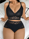 Women's Plus Size Sexy Lingerie Set Lace Floral Mesh Unlined Wireless Bra Breathable Sexy Lace Trim Panties 1Xl-4Xl