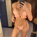 New With Sarong Halter Ruffled Bikini Women Swimwear Female Swimsuit Three-pieces Bikini Set Bather Bathing Suit Swim Lady V4144