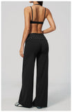 Fake Two-piece Sports Bra Yoga Sets Women Coffee Striped Patchwork Folding High Waist Wide Leg Pants Gym Running Fitness Suits