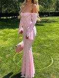 Elegant French Style Pink Long Dress Women Lace Long Sleeved Dress Evening Gown Party Wedding Dress up Lady Spring Summer Outfit