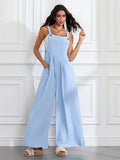 Women Fashion Jumpsuits Sleeveless Buttons Suspender Wide Leg Pant Overalls with Pockets Casual Loose Romper Streetwear