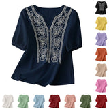 Women Summer Loose Embroidered V Neck Solid Color Short Sleeved Comfortable Button Down Shirt Top женская одежда