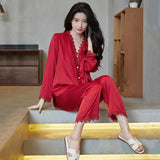 Spring and summer ice silk pajamas sexy lace long-sleeved cardigan home wear set