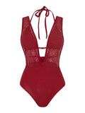 S - XL Deep V Neck Knit Fishnet Mesh One Piece Swimsuit Women Swimwear Female Backless Monokini High Leg Cut Bathing Suit Swim