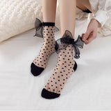 Womens Mesh Sheer Socks Breathable Decorative Bow Dots Design Casual Mid Calf Socks for Summer