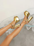 Metallic Microfiber Material Ultra-High Platform Peep Toe Sandals Ankle Buckle Hollow Sexy Women's High-Heeled Sandals