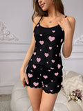 Women Pajama Set Summer Sleepwear Heart Love Pattern Cami Tops and Shorts Set Loungewear Soft Comfy Nightwear
