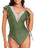 2026 Crochet Drawstring One Piece Swimsuit Women Sexy Ruffle Swimwear Female Solid Bathers Bathing Swimming Swim Suit Beachwear