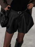 Phantasy Sexy Short Trousers Street Bottom High Waist Wide Leg Ruffles Cuff Pu Leather Shorts Fashionable Autumn Women Clothing