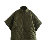 Quilted Argyle Coat Cape Rainproof Jacket Women Winter Jacket Army Green Casual Padded Loose Parkas Oversize Turtleneck Coat