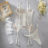 Embroidered flower underwear, sexy three-point mesh fishbone body shaping sexy suit with stockings