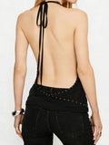 Women’s Summer Solid Color Studded Halter Tank Tops Fashionable Slim Fit Cowl Neck Backless Vest