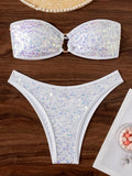Shiny Sequins Fishnet Bandeau Bikini Women Swimsuit Female Swimwear Two-pieces Bikini Set High Cut Bathing Suit Swim Beachwear