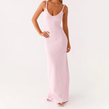 Women Sleeveless Summer Solid Color Twisted Straps Dresses V-Neck Backless Party Club Vacation Beach Long Dresses