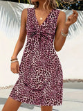 Summer Style Leopard Print Mini Dress Women Fashion Vacation Elegant Vintage V-neck Sleeveless Vestidos Nightclub Party Dresses