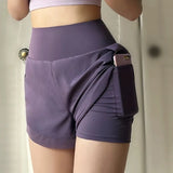 Women's yoga shorts, summer mesh fake two-piece quick drying anti glare fitness high waisted yoga pants