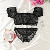 Women 2-Piece Lingerie Dot Embroidery Mesh Fancy Outfit Romantic Underwear Set Bra And Panty Sets