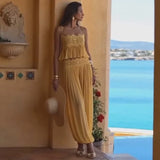 Women Pant Set Sheer Layers Spaghetti Strap Backless Lace Top Straps Solid Loose Straight Elastic Hem Fashion Beach Chic Suits