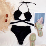 Bikini 2026 Sexy Swimwear Swimsuit Women Black Hollow High Waist Halter Bikinis Set Bathing Suit Beach Bikini Metal Ring Decor