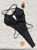 Sexy Solid Black Drawstring Bandage Backless Swimsuit One Piece Bikini Thong Swimwear Bodysuits Women Biquini Bathing Suits