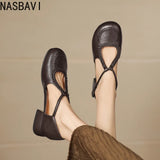 Women's T-Strap Shallow Flat Sandals Soft Leather Rome French Slip-on Single Shoes Retro Round Toe Shoes for Women Summer 32-43