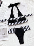 New Sexy Bikini Women Swimwear Swimsuit Striped Patchwork Hollow Halter Knotted High Waist Bikinis Set Bathing Suit Beach Bikini