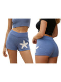 Women Slim Fit Stylish Decorative Starfish Ribbed Elastic Mid Rise Shorts Spring/Summer Holiday Beach Casual Knit Shorts