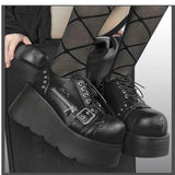 Size 42 Gothic Black Platform Creepers Shoes White Smooth Faux Leather Goth Creepers E-girl Chunky Lace Up Lolita Casual Shoes