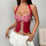 Summer Red White Plaid Corset Women Hanging Neck Bandage Cross Slim Fishbone Tank Top Retro Sleeveless Y2K Club Party Camisole