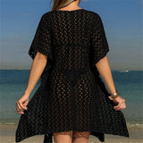 2025 V Neck Short Sleeve Hollow Out Knitted Tunic Beach Cover Up Cover-ups Beach Dress Beach Wear Beachwear Female Women K6535