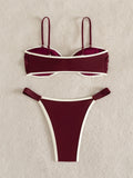 Sexy Wine Patchwork Bikini Set 2026 Women Front Tie Pleate Push Up Bra Thong Swimsuit Summer Bathing Suit Vacation Swimwear