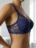 French Women's Lace Trim Push Up Bra Sexy Mesh Underwire Underwear Comfy Thin Padding Floral Lace Lingerie Bra